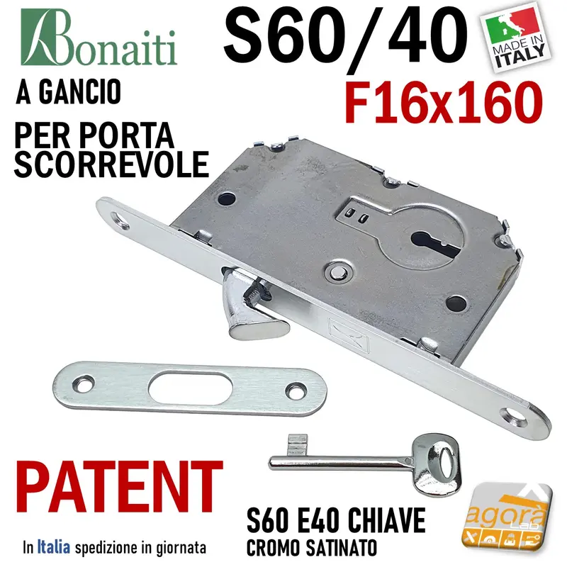 SERRATURA PORTA SCORREVOLE GANCIO FRONTALE 16x160mm BONAITI 60/40 CROMO SATINATO PATENT +CHIAVE +INCONTRO ENTRATA 40MM