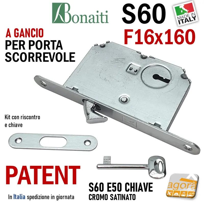 SERRATURA PORTA SCORREVOLE GANCIO FRONTALE 16x160mm BONAITI 60/50 CROMO SATINATO PATENT +CHIAVE +INCONTRO