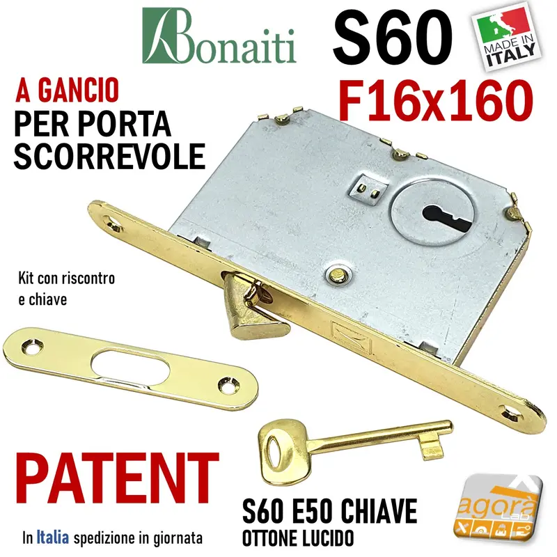 SERRATURA PORTA SCORREVOLE GANCIO FRONTALE 16x160mm BONAITI 60/50 OTTONE LUCIDO PATENT +CHIAVE +INCONTRO