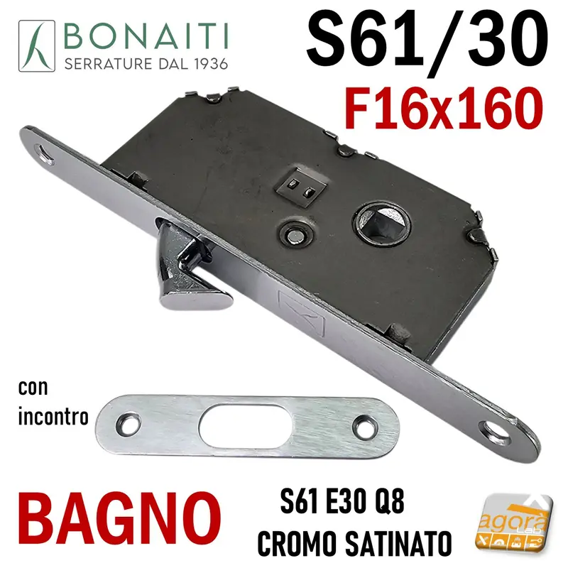 Serratura PORTA SCORREVOLE Gancio Frontale 16x160mm BONAITI 61/30 Cromo Satinato Bagno WC Moneta