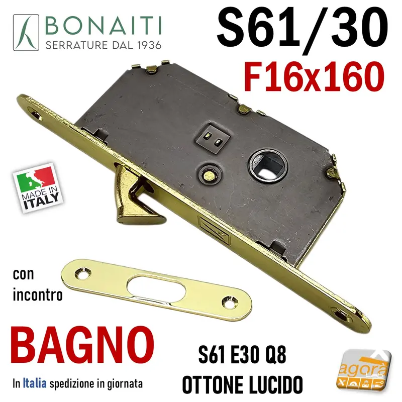 Serratura PORTA SCORREVOLE Gancio Frontale 16x160mm BONAITI 61/30 Ottone Bagno WC Moneta