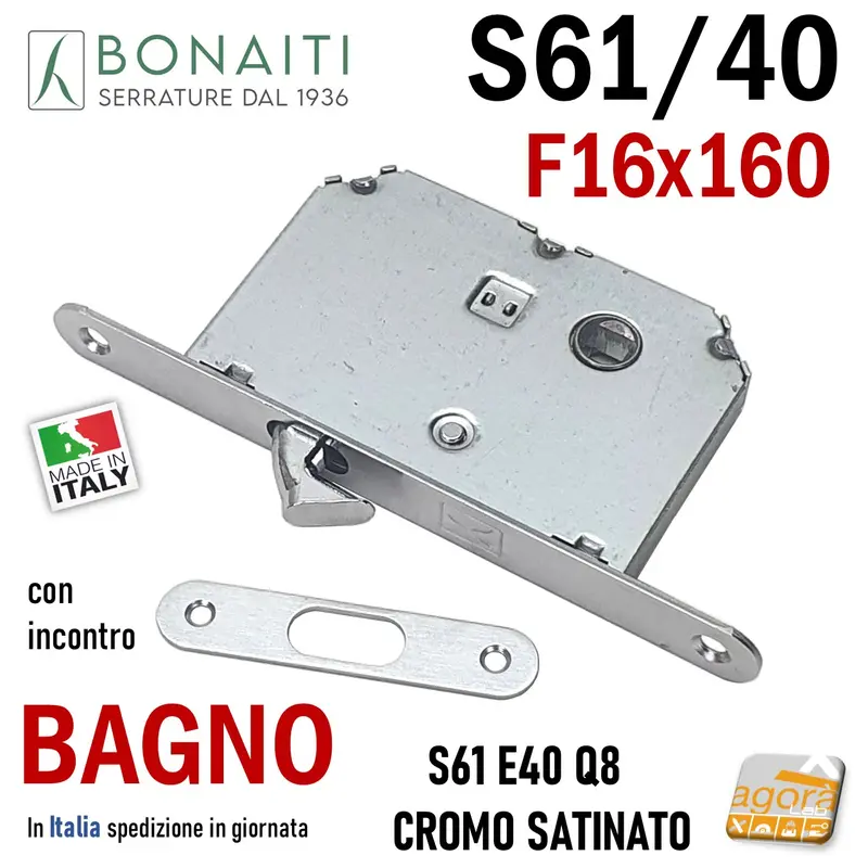 Serratura PORTA SCORREVOLE Gancio Frontale 16x160mm BONAITI 61/40 Cromo Satinato Bagno WC Moneta
