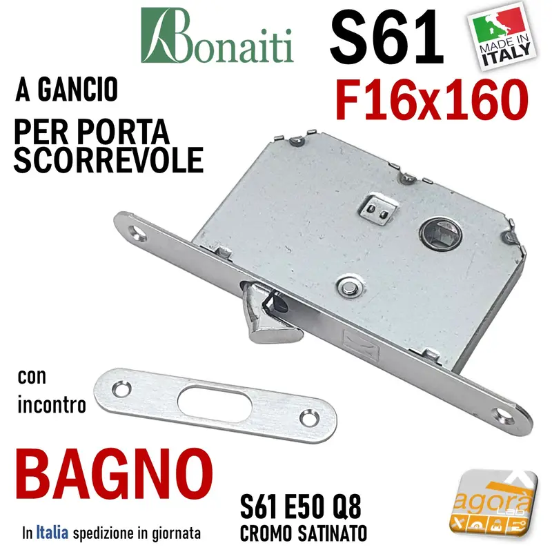 SERRATURA PORTA SCORREVOLE GANCIO FRONTALE 16x160mm BONAITI 61/50 CROMO SATINATO BAGNO WC MONETA+INCONTRO