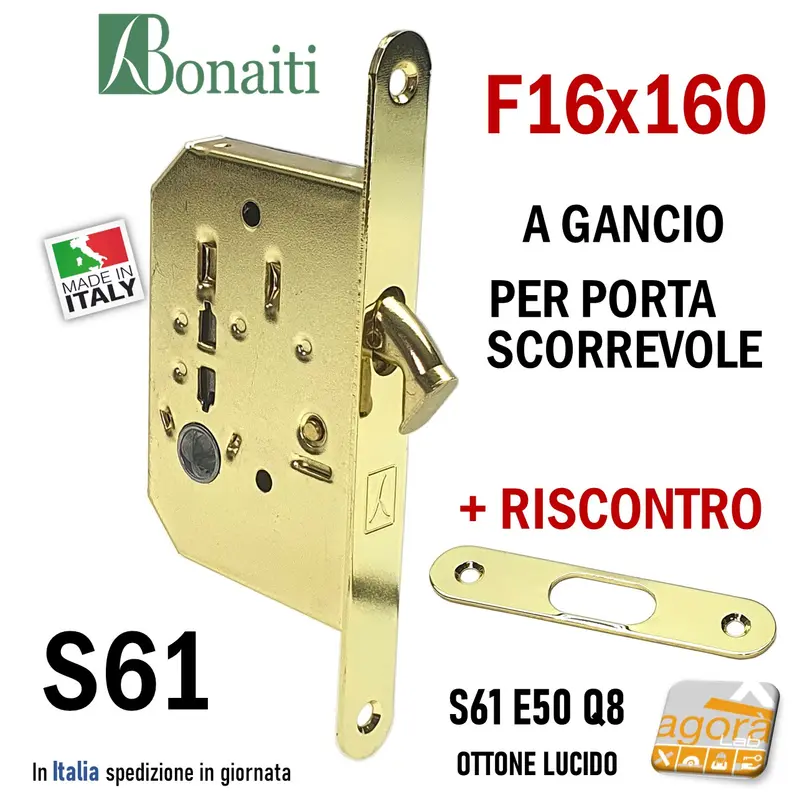 SERRATURA PORTA SCORREVOLE GANCIO FRONTALE 16x160mm BONAITI 61/50 OTTONE LUCIDO BAGNO WC MONETA+INCONTRO