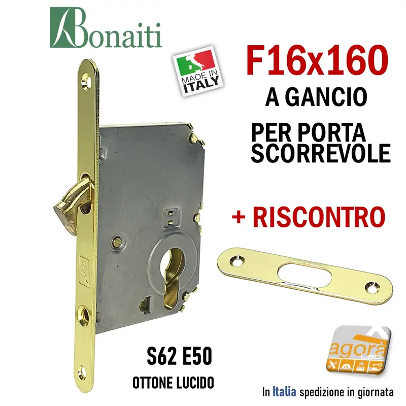 SERRATURA PORTA SCORREVOLE GANCIO FRONTALE 16x160mm BONAITI 62/50 OTTONE LUCIDO YALE +INCONTRO