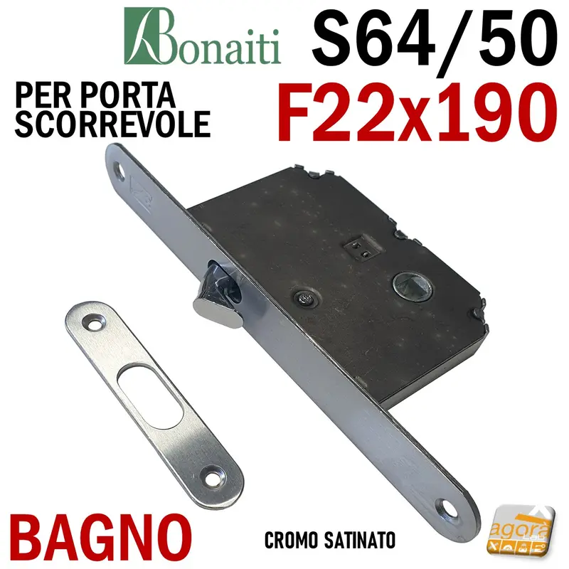 SERRATURA PORTA SCORREVOLE GANCIO FRONTALE 22x190mm BONAITI 64/50 X BAGNO WC MONETA LIBERO-OCCUPATO CROMO SATINATO