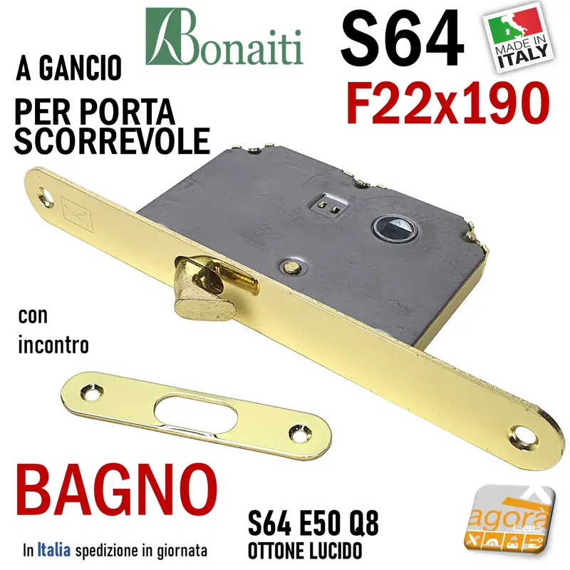 SERRATURA PORTA SCORREVOLE GANCIO FRONTALE 22x190mm BONAITI 64/50 X BAGNO WC MONETA LIBERO-OCCUPATO OTTONE