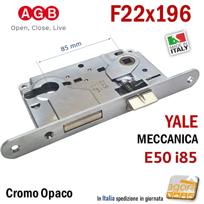 SERRATURA PORTA YALE FRONTALE 22x196mm AGB CENTRO CROMO OP E50 I85