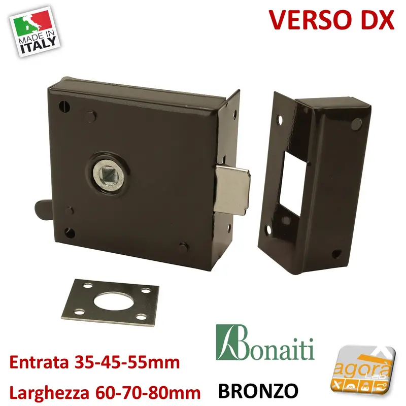 SERRATURA REVERSIBILE ORIZZONTALE PORTONCINO BRONZATA CON SCROCCO BONAITI ART.189 DX mm 60-70-80