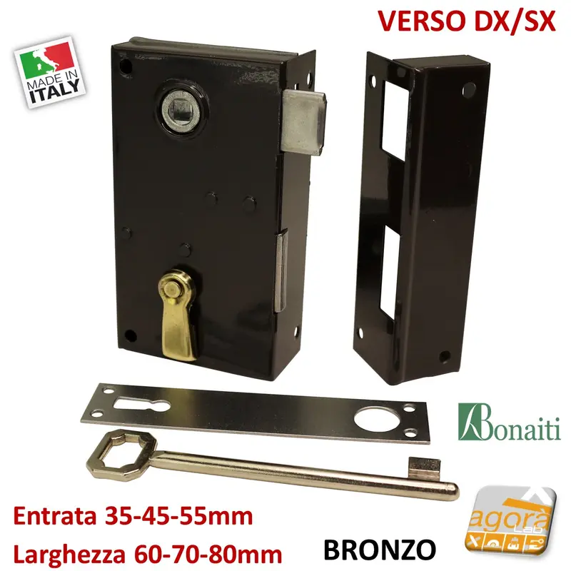 SERRATURA VERTICALE PORTONCINO BRONZATA CON SCROCCO E CATENACCIO BONAITI ART.185 SX-DX mm.60-70-80