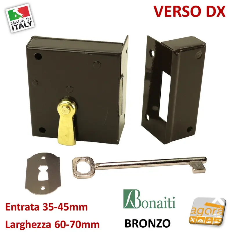 SERRATURA VERTICALE PORTONCINO BRONZATA CON SCROCCO E CATENACCIO BONAITI ART.188 DX mm 60-70