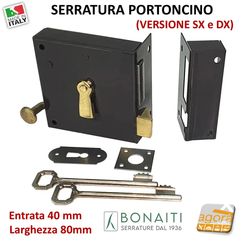 SERRATURA VERTICALE PORTONCINO CON SCROCCO E CATENACCIO BONAITI ART.175 SX-DX mm.80 E40 BRONZATA