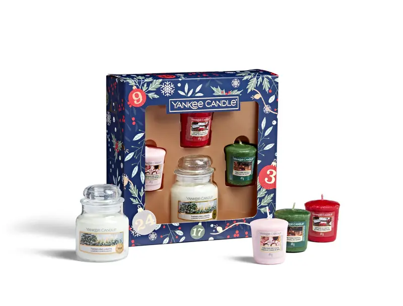SET 1 GIARA PICCOLA E 3 CANDELE SAMPLER -Yankee Candle- Confezione Regalo Countdown to Christmas