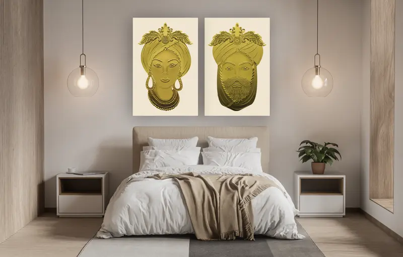 Set 2 Quadri su tela, Testa di Moro Donna e Uomo. Oro su sfondo panna. Fine Art made in Sicily