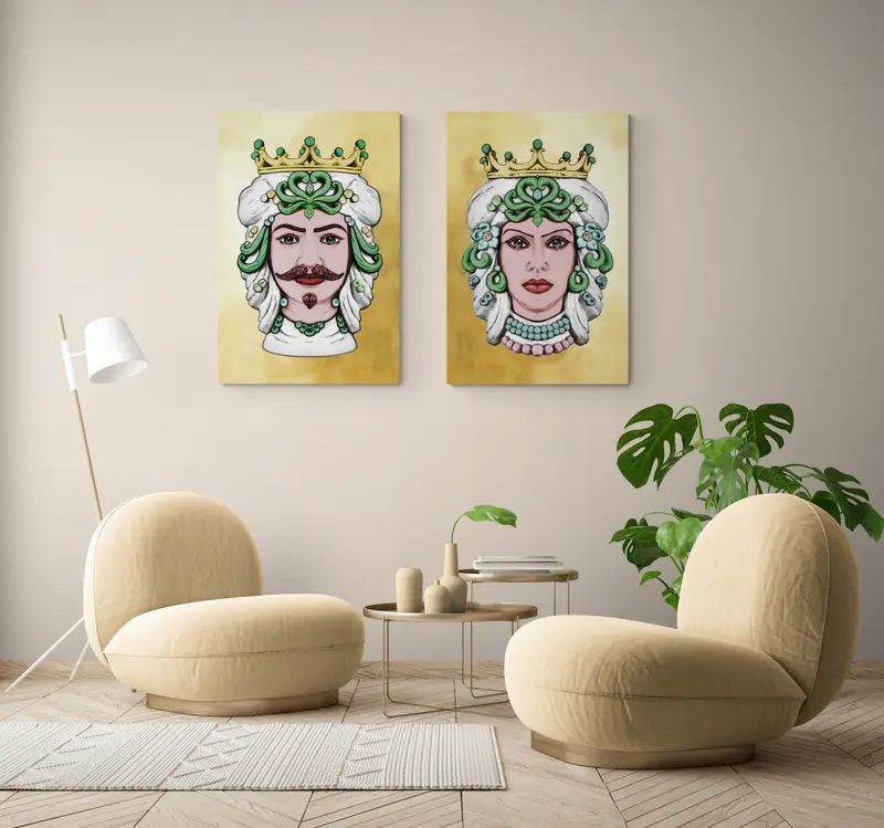 Set 2 Quadri su tela, Testa di Moro Donna e Uomo (Verde Smeraldo e Oro) . Fine Art made in Sicily