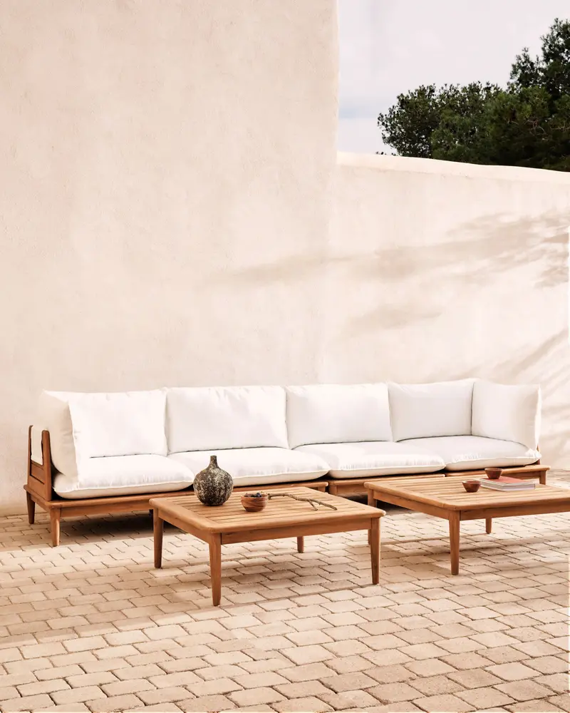 Set modulare Portitxol 2 poltrone angolari, 2 poltrone e 2 tavolini in massiccio di teak 360 cm