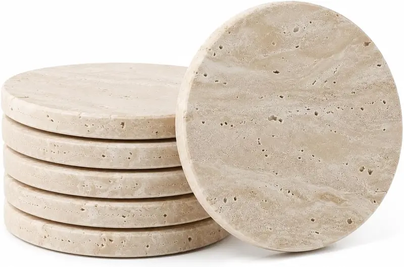 Set of 6 Round Travertine Coasters Ø10 cm