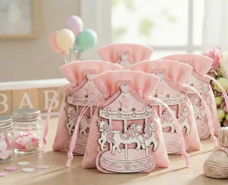 Set sacchettino porta confetti da 5 pz con giostrina bomboniera per nascita, battesimo, Harmony S3184L