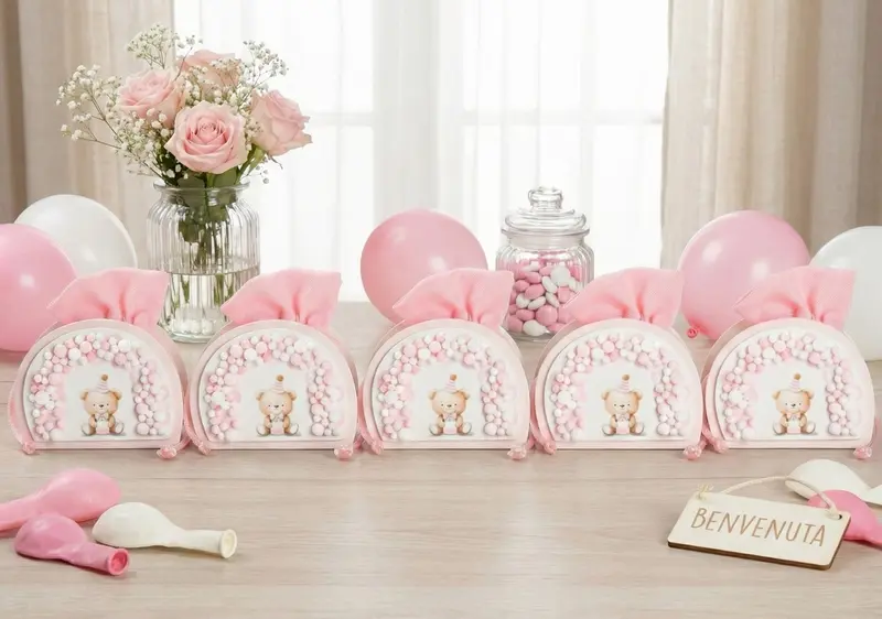 Set sacchettino porta confetti da 5 pz con orsetto per nascita, battesimo, Harmony S3188L