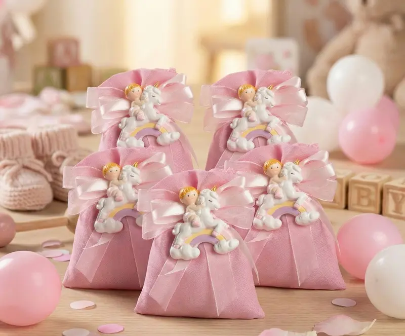 Set sacchettino rosa porta confetti da 5 pz bomboniera per nascita, battesimo, Harmony STNB25087