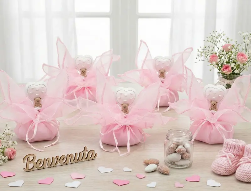Set sacchettino rosa porta confetti da 5 pz con orsetto bomboniera per nascita, battesimo, Harmony RSNB24098
