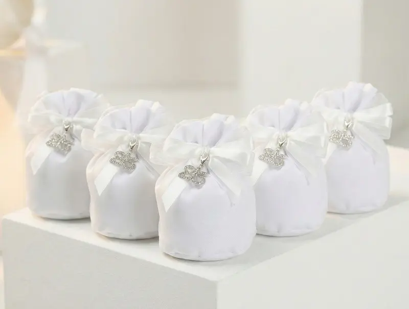Set sacchettino silver porta confetti da 5 pz bomboniera per nozze d'argento, venticinquesimo, Harmony STMT26135