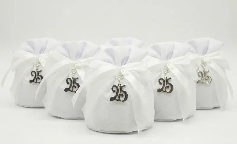 Set sacchetto porta confetti da 5 pz bomboniera per nozze d'argento, venticinquesimo, Harmony STMT24200