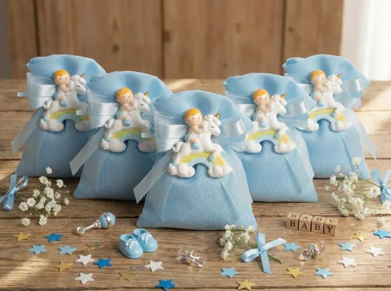 Set sacchetto porta confetti da 5 pz con bimbo e unicorno bomboniera per nascita, battesimo, Harmony STNB25086