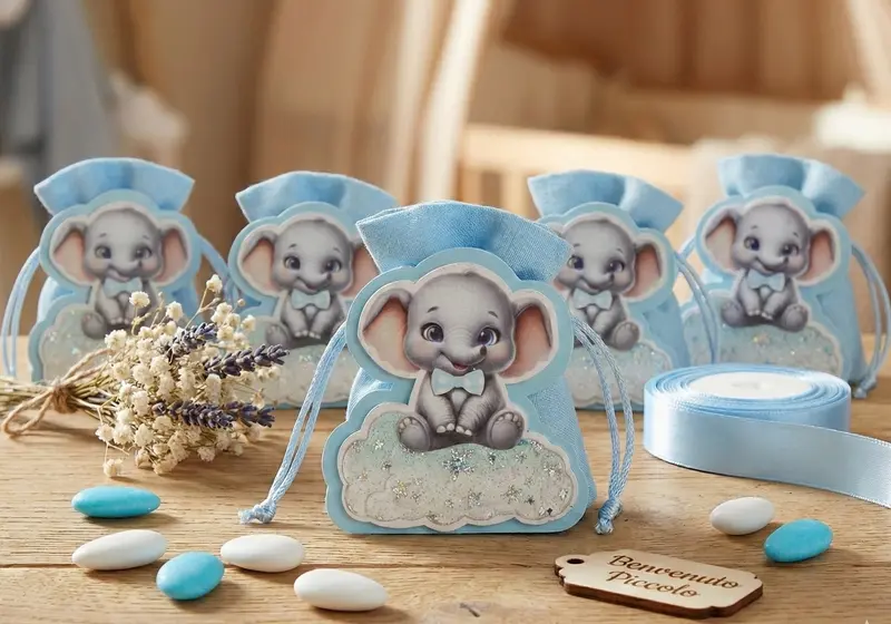 Set scatolina celeste porta confetti da 5 pz con elefante bomboniera per nascita, battesimo, Harmony S3185L