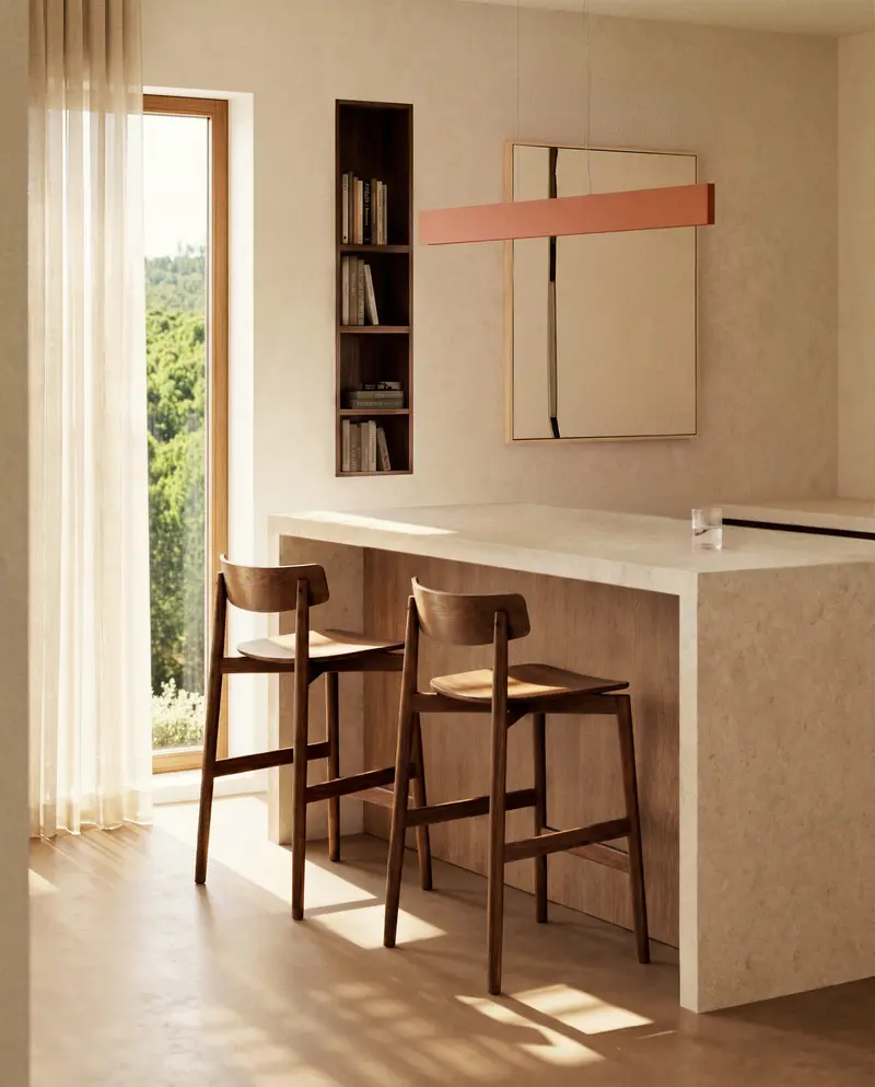 Sgabello Evera con schienale in impiallacciato di rovere con finitura noce 65 cm