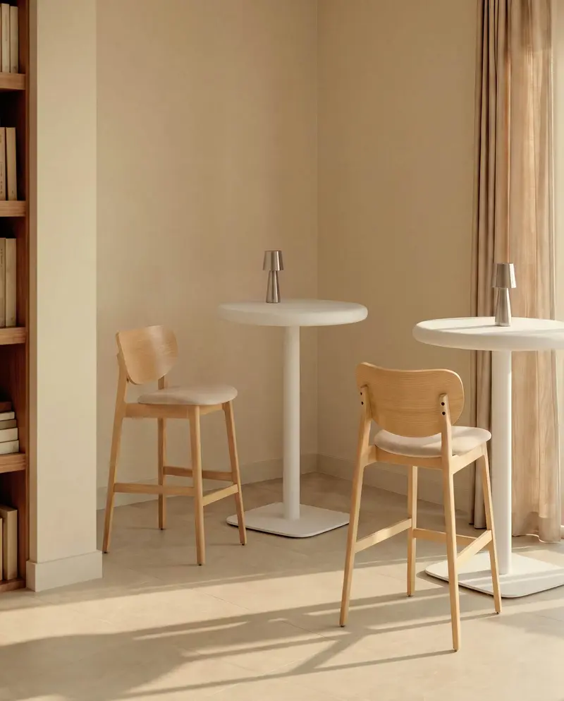 Sgabello Ludara in ciniglia beige e impiallacciato di rovere 65 cm