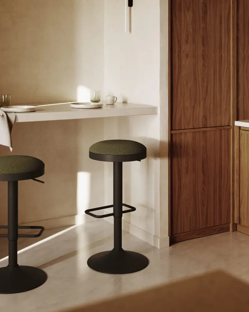 Sgabello Zaib in ciniglia verde scuro e acciaio nero opaco altezza 63-84 cm