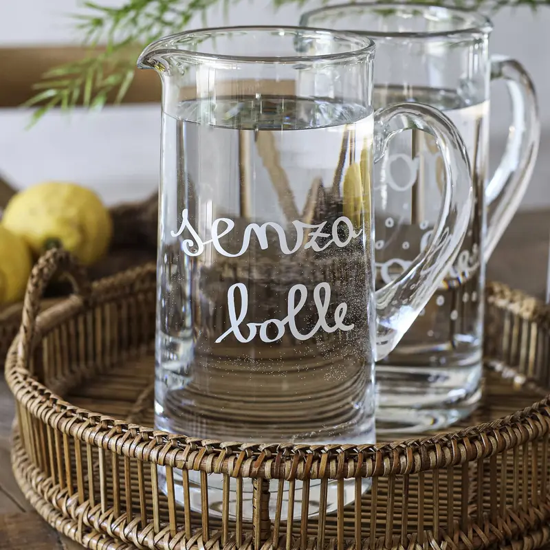 SIMPLE DAY - BROCCA IN VETRO " SENZA BOLLE" TRASPARENTE CON SCRITTA BIANCA