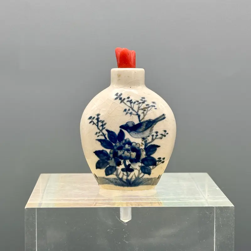 Snuff bottle bottiglia porcellana dipinta tappo corallo Cina XX sec.