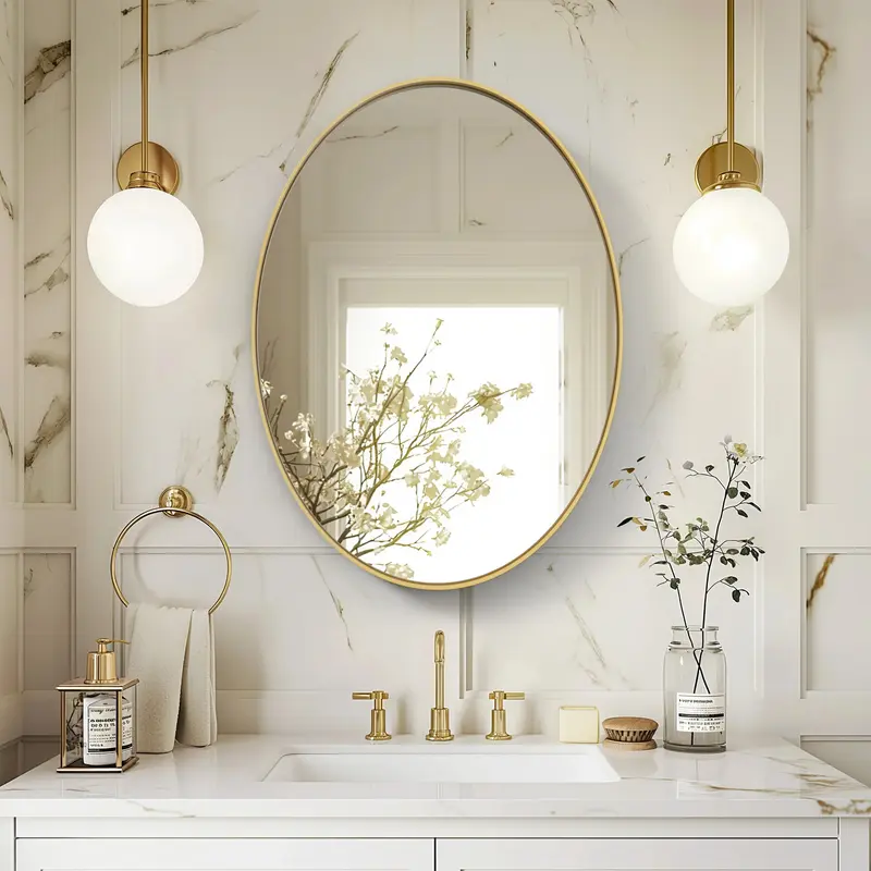 Specchio ovale dorato da bagno e parete, cornice in metallo decorativo moderno