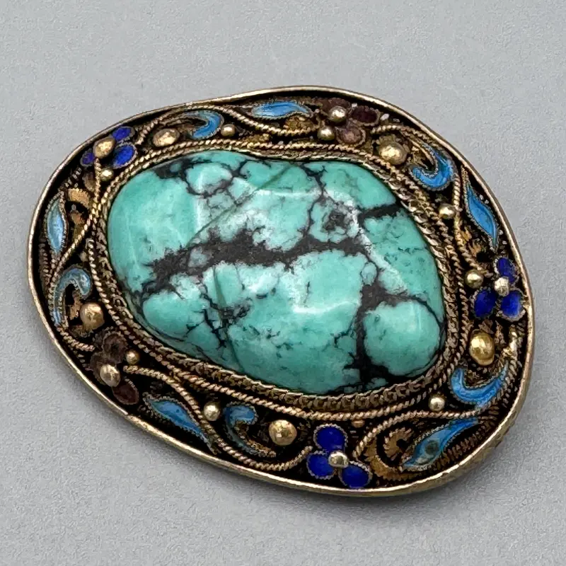 Spilla turchese pietra montatura argento Italia 1980 ca