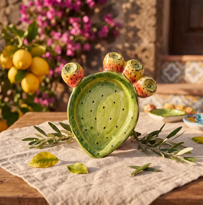 Svuota tasche Pala ficodindia rotonda in ceramica siciliana di Caltagirone decorato a mano piccolo