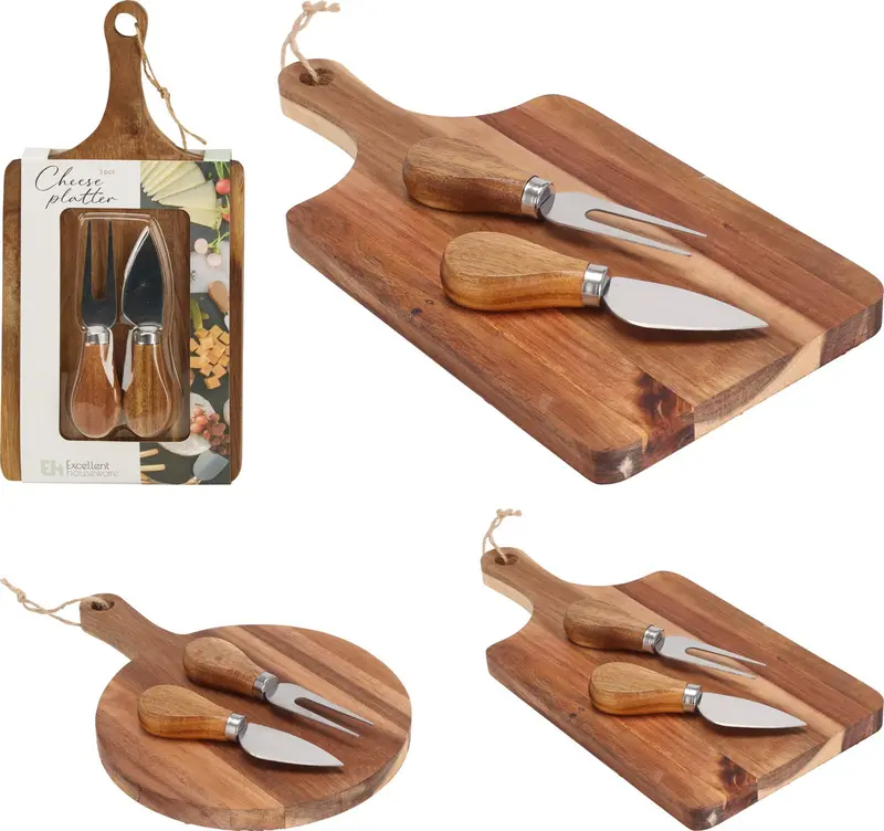 TAGLIERE ACACIA + 4 COLTELLI
