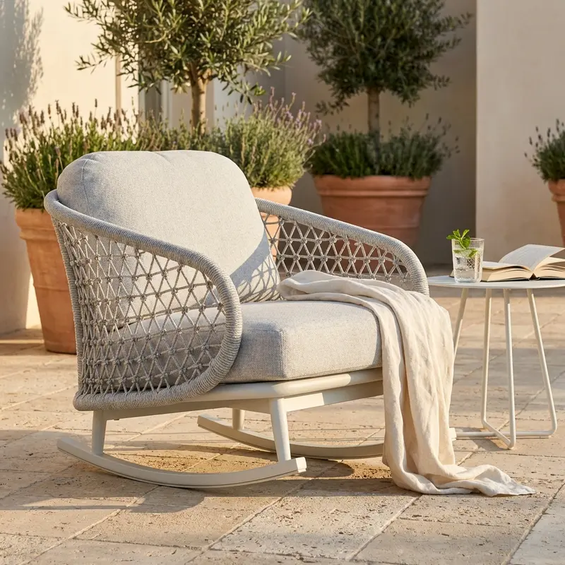 Tahiti - poltrona dondolo in corda bianco grigio chiaro