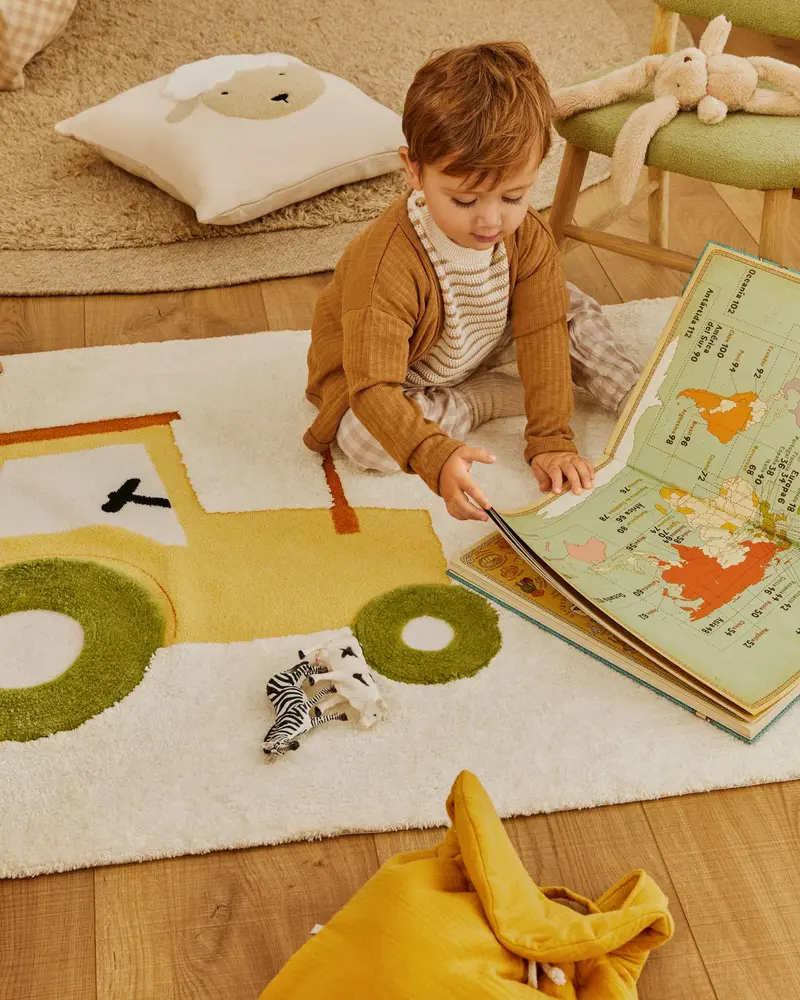 Tappeto Pecky 100% cotone beige con trattore 90 x 150 cm