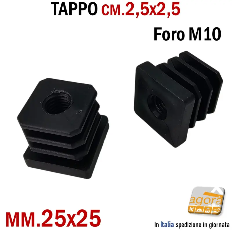 TAPPO QUADRATO 25x25mm FORO FILETTATO M10 NERO cm 2,5x2,5 TAPPI SOTTOPIEDE 10pz