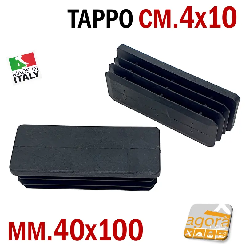 TAPPO RETTANGOLARE mm 40x100 NERO PUNTALE PLASTICA cm 4x10 SOTTOPIEDE ALETTATO TAPPI NERI 10PZ