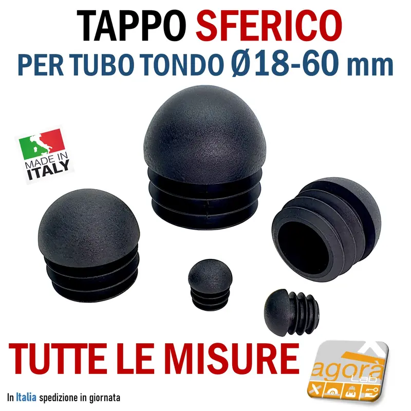 TAPPO SFERICO TONDO COPRITESTA D16 fino D60mm NERO TAPPI ALETTATI COPERTURA RECINZIONI INSERTO CANCELLI PER TUBO ROTONDO
