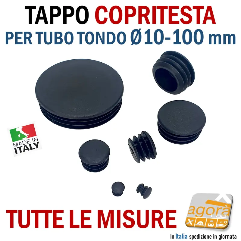 TAPPO TONDO COPRITESTA D10 fino D100mm NERO TAPPI ALETTATI COPERTURA A VISTA INSERTO PER TUBO ROTONDO BELLO