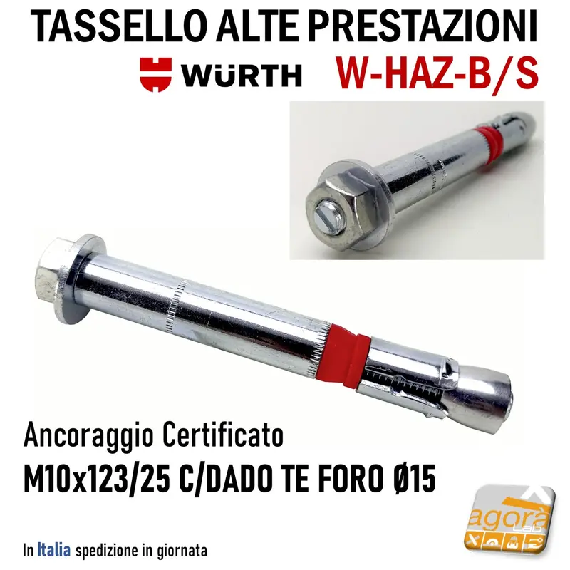 TASSELLO ANCORANTE ALTE PRESTAZIONI ACCIAIO W-HAZ-B M10x123/25 DADO TE FORO Ø15 WURTH