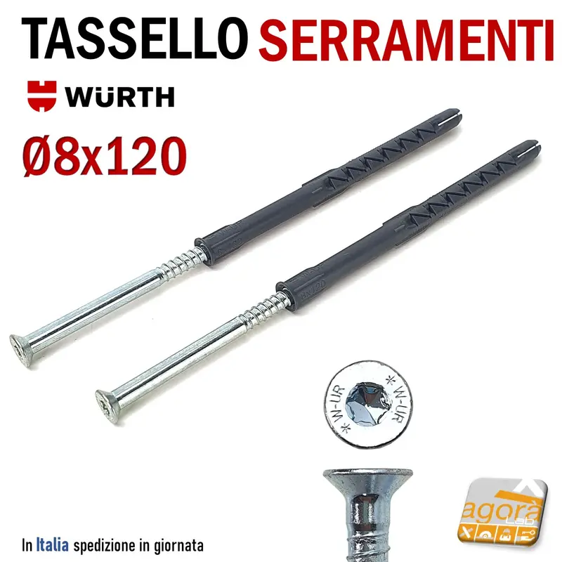 TASSELLO PROLUNGATO NYLON 8X120 VITE ACCIAIO D6MM SHARK WURTH SERRAMENTI FORO 8mm