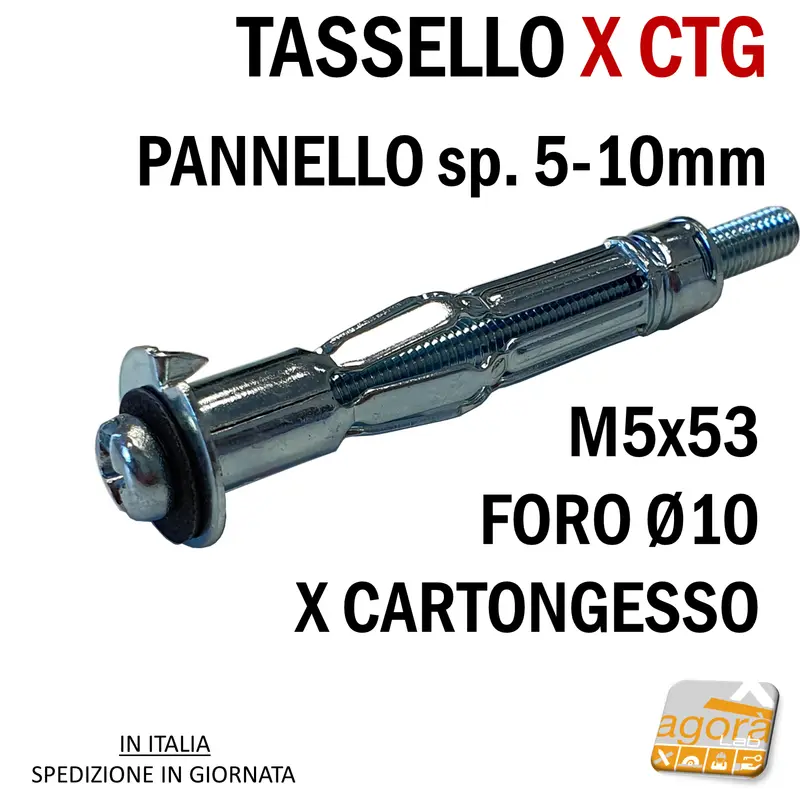 TASSELLO X CARTONGESSO ACCIAIO FILETTO M5 FORO Ø10 X SPESSORE 5-16 MM pz100