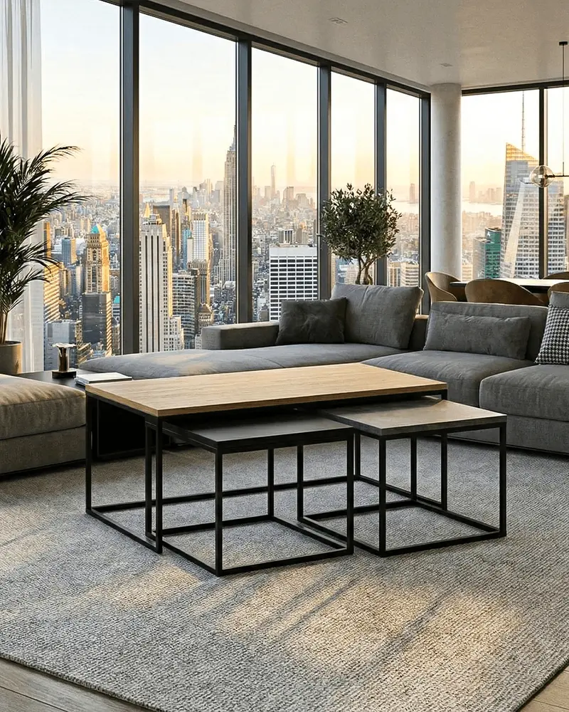 Tavolino Melica - Set di 3 tavolini a incastro - Design minimal moderno - Rovere/cemento/nero seta