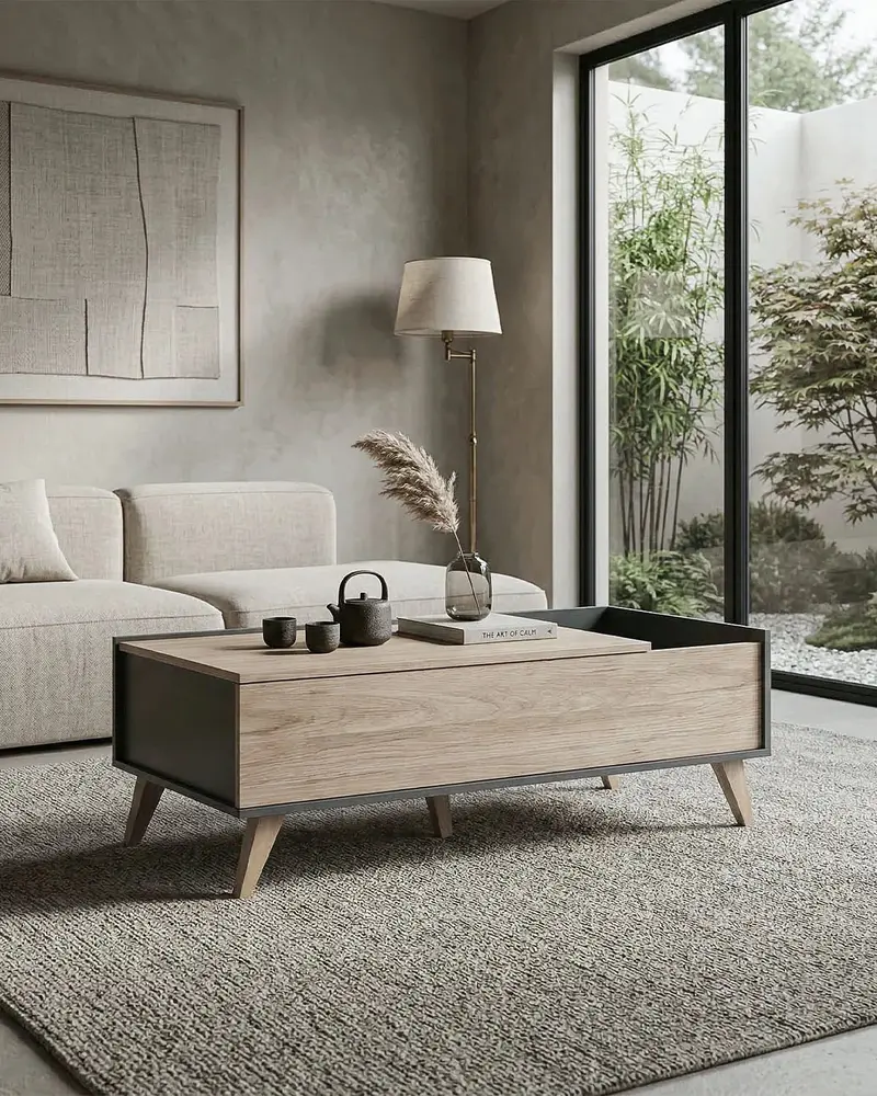 Tavolino NORDIK – Tavolino da Salotto con Piano Apribile e Vano Contenitore – Olmo e Antracite