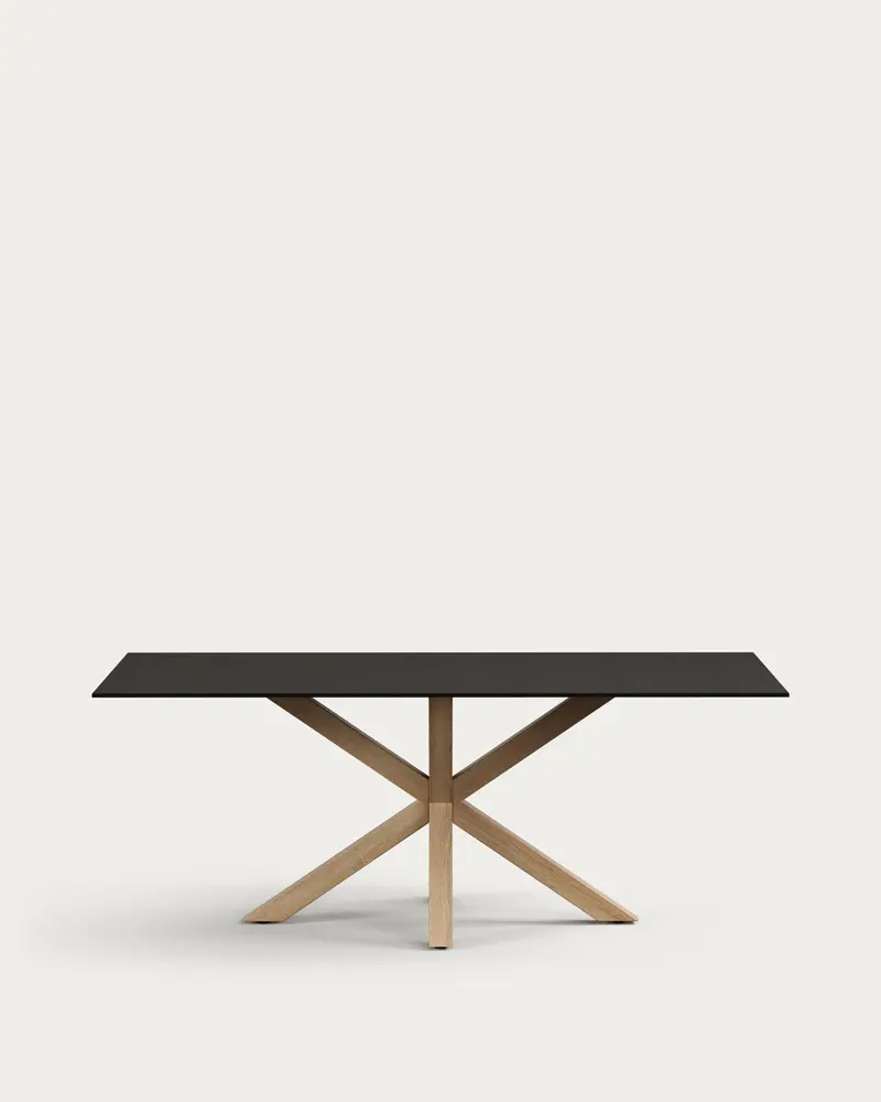 Tavolo Argo in vetro nero con gambe in acciaio finitura legno 200 x 100 cm